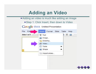 Adding an Video
P Adding an video is much like adding an image
   P Step 1: Click Insert, then down to Video
 