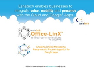 Enabling Unified Messaging, Presence and Phone integration for Google apps Copyright 2011 Esna Technologies Inc | www.esnatech.com | 1-800-565-3762 