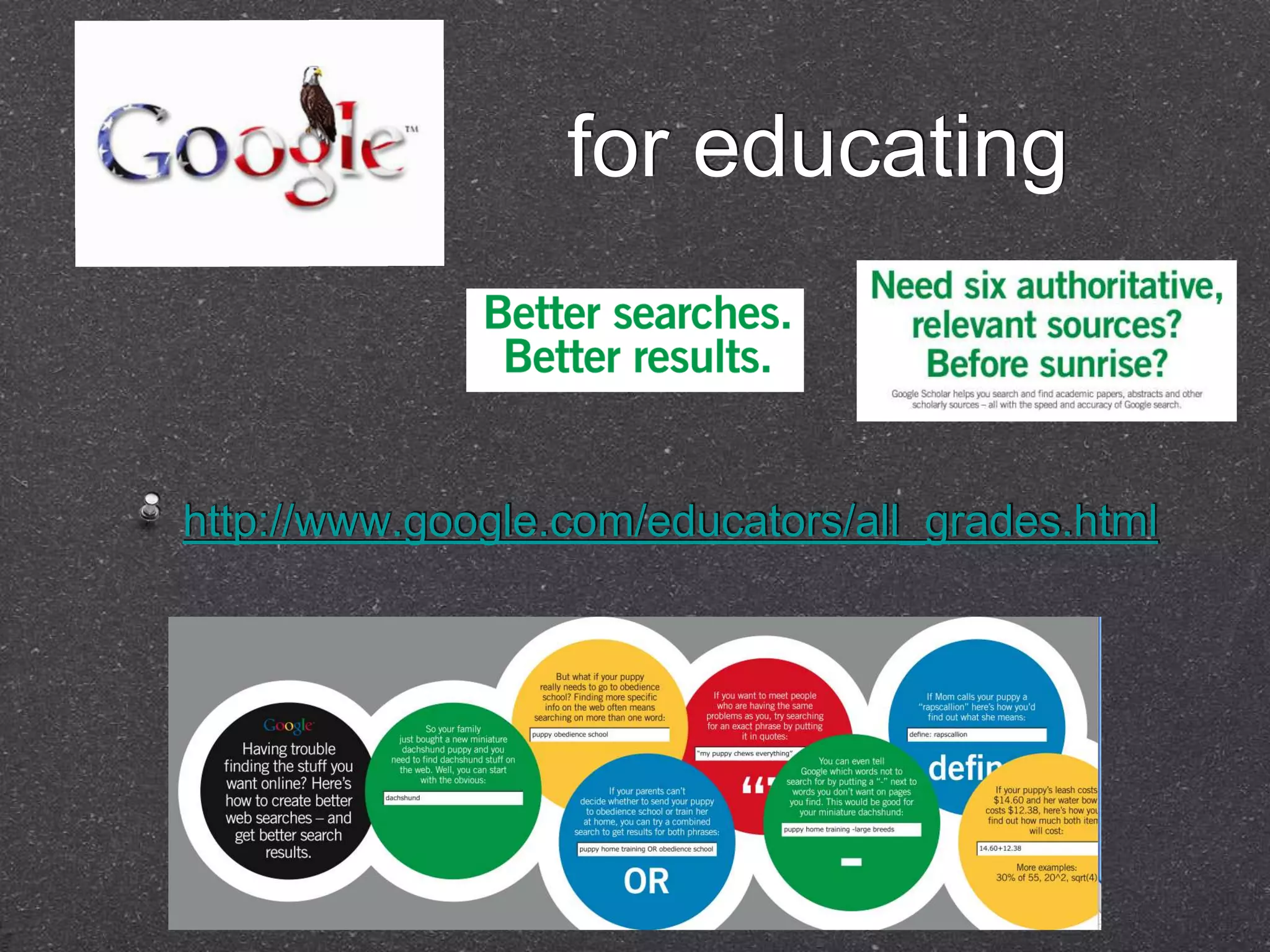 for educating



http://www.google.com/educators/all_grades.html
 