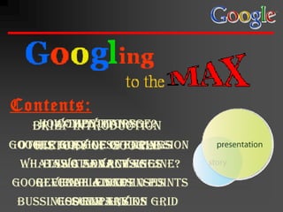 Googling




                                   to the
Contents:
   BrieftHey manage?
    HoW introduction
       competitors
   History of google
google Bussiness expansion
 otHer google offerings
 WHatsWotsearcH engine?
    Basic advantages
      is a analysis
googlecHallenges points
   revenue & expenses
       explained 10
 Bussiness expansion grid
       google tricks
         summary
 