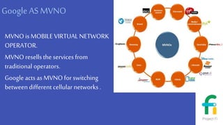 GoogleAS MVNO
MVNO is MOBILE VIRTUAL NETWORK
OPERATOR.
MVNO resells the services from
traditional operators.
Google acts as MVNO for switching
between different cellular networks .
 