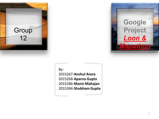 Group
12
Google
Project
Loon &
Mapathon
By-
2015267-Anshul Arora
2015268-Aparna Gupta
2015286-Mansi Mahajan
2015304-Shubham Gupta
1
 