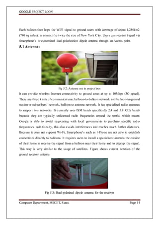 GOOGLE PROJECT LOON
Computer Department, MSCET, Surat. Page 14
Each balloon then hops the WIFI signal to ground users with coverage of about 1,256km2
(780 sq miles), in context the twice the size of New York City. Users can receive Signal via
Smartphone’s or customized dual-polarization dipole antenna through an Access point.
5.1 Antenna:
Fig 5.2: Antenna use in project loon
It can provide wireless Internet connectivity to ground areas at up to 10Mbps (3G speed).
There are three kinds of communications: balloon-to-balloon network and balloon-to-ground
station or subscribers’ network, balloon to antenna network. It has specialized radio antennas
to support two networks. It currently uses ISM bands specifically 2.4 and 5.8 GHz bands
because they are typically unlicensed radio frequencies around the world, which means
Google is able to avoid negotiating with local governments to purchase specific radio
frequencies. Additionally, this also avoids interferences and reaches much further distances.
Because it does not support Wi-Fi, Smartphone’s such as I-Phone are not able to establish
connections directly to balloons. It requires users to install a specialized antenna the outside
of their home to receive the signal from a balloon near their home and to decrypt the signal.
This way is very similar to the usage of satellites. Figure shows current iteration of the
ground receiver antenna
Fig 5.3: Dual polarized dipole antenna for the receiver
 