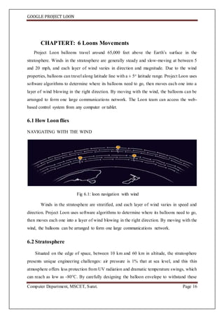 GOOGLE PROJECT LOON
Computer Department, MSCET, Surat. Page 16
CHAPTERT: 6 Loons Movements
Project Loon balloons travel around 65,000 feet above the Earth’s surface in the
stratosphere. Winds in the stratosphere are generally steady and slow-moving at between 5
and 20 mph, and each layer of wind varies in direction and magnitude. Due to the wind
properties, balloons can travel along latitude line with a ± 5o latitude range. Project Loon uses
software algorithms to determine where its balloons need to go, then moves each one into a
layer of wind blowing in the right direction. By moving with the wind, the balloons can be
arranged to form one large communications network. The Loon team can access the web-
based control system from any computer or tablet.
6.1 How Loon flies
NAVIGATING WITH THE WIND
Fig 6.1: loon navigation with wind
Winds in the stratosphere are stratified, and each layer of wind varies in speed and
direction. Project Loon uses software algorithms to determine where its balloons need to go,
then moves each one into a layer of wind blowing in the right direction. By moving with the
wind, the balloons can be arranged to form one large communications network.
6.2 Stratosphere
Situated on the edge of space, between 10 km and 60 km in altitude, the stratosphere
presents unique engineering challenges: air pressure is 1% that at sea level, and this thin
atmosphere offers less protection from UV radiation and dramatic temperature swings, which
can reach as low as -80°C. By carefully designing the balloon envelope to withstand these
 