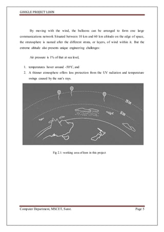 GOOGLE PROJECT LOON
Computer Department, MSCET, Surat. Page 5
By moving with the wind, the balloons can be arranged to form one large
communications network Situated between 10 km and 60 km altitude on the edge of space,
the stratosphere is named after the different strata, or layers, of wind within it. But the
extreme altitude also presents unique engineering challenges:
Air pressure is 1% of that at sea level,
1. temperatures hover around -50°C, and
2. A thinner atmosphere offers less protection from the UV radiation and temperature
swings caused by the sun’s rays.
Fig 2.1: working area of loon in this project
 