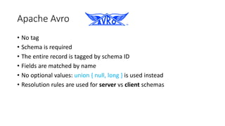 Apache Avro
• No tag
• Schema is required
• The entire record is tagged by schema ID
• Fields are matched by name
• No optional values: union { null, long } is used instead
• Resolution rules are used for server vs client schemas
 