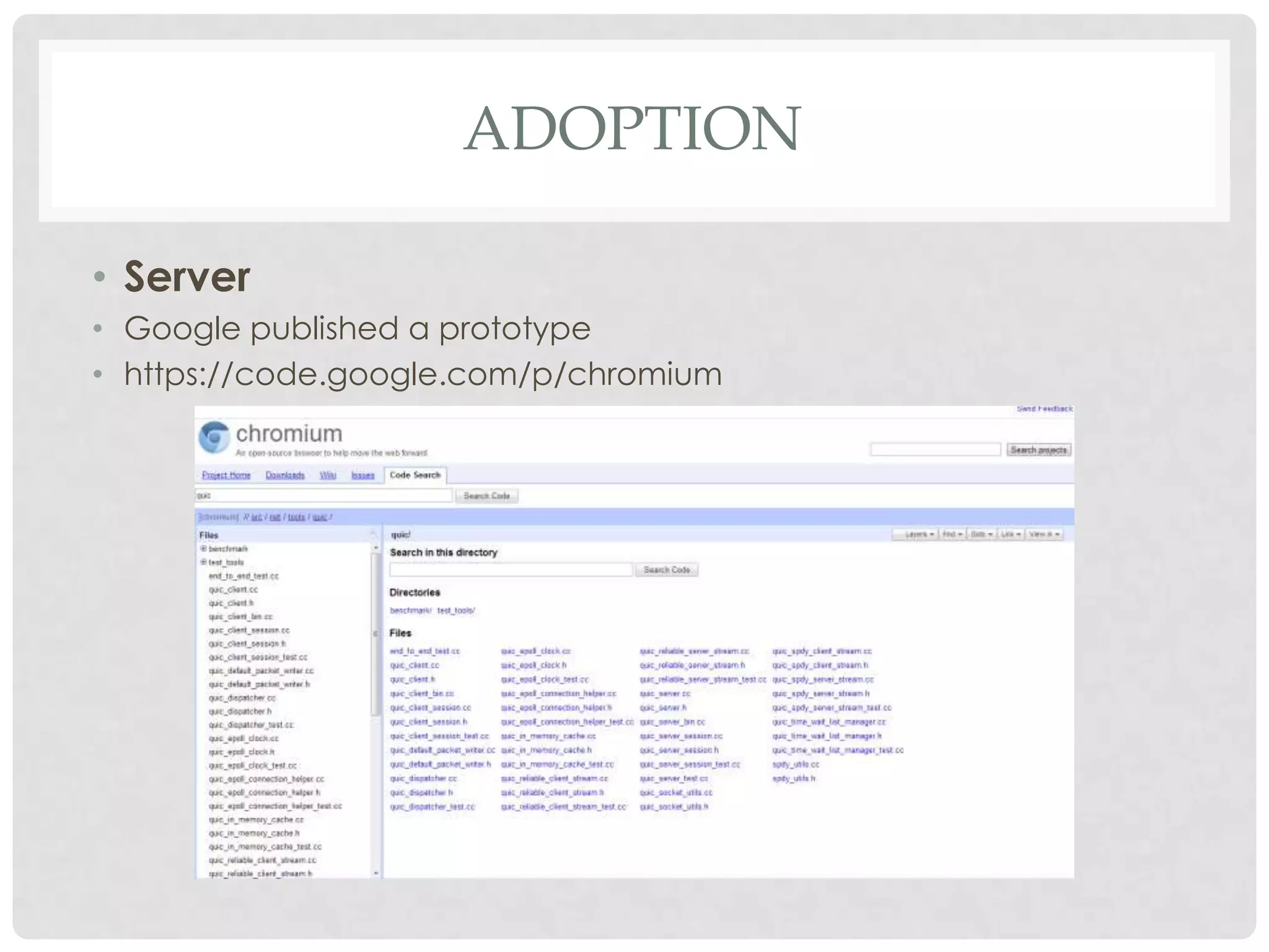 ADOPTION
• Server
• Google published a prototype
• https://code.google.com/p/chromium

 