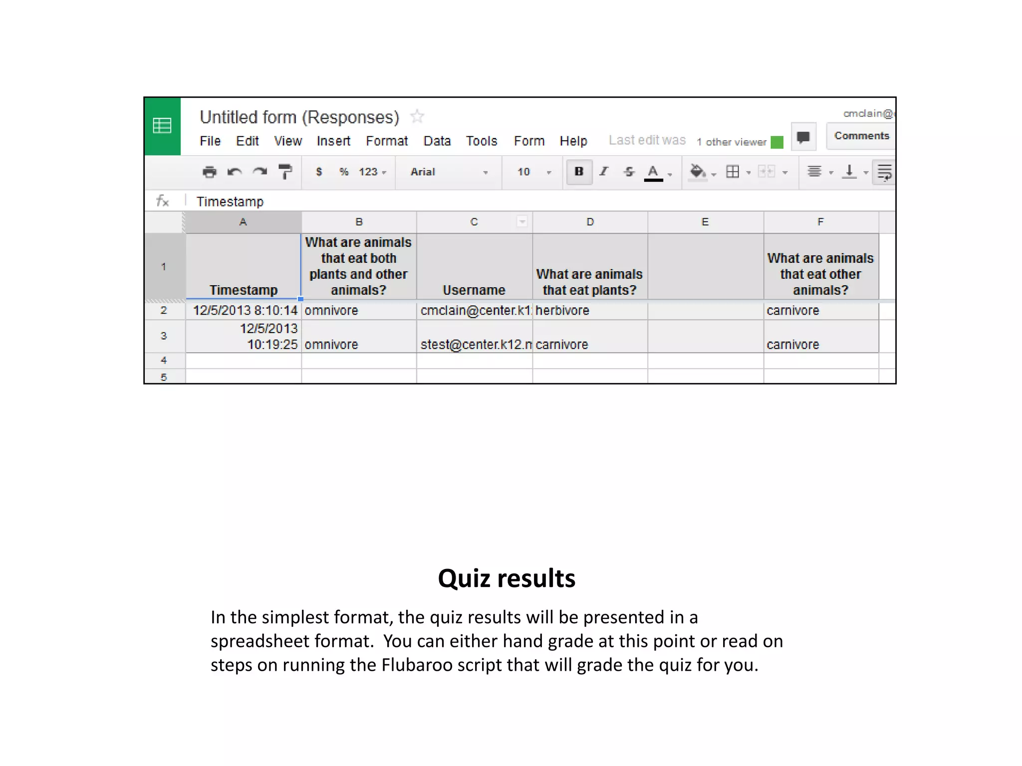 Quiz results
In the simplest format, the quiz results will be presented in a
spreadsheet format. You can either hand grade at this point or read on
steps on running the Flubaroo script that will grade the quiz for you.

 