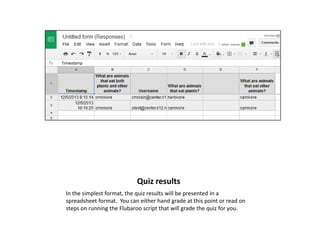 Quiz results
In the simplest format, the quiz results will be presented in a
spreadsheet format. You can either hand grade at this point or read on
steps on running the Flubaroo script that will grade the quiz for you.

 