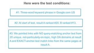 Here were the test conditions:
#1: Three-word keyword phrase in Google.com US
#3: We pointed links with NO query-matching anchor text from
20 unique, not-particularly-on-topic, high DA domains at result
A and EXACT-anchor-text match links from the same pages at
result A.
#2: At start of test, result A ranked #20, B ranked #13.
 