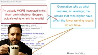 Correlation tells us what
features, on average, the
results that rank higher have
which the lower ranking results
do not have.
More on Rand’s Blog
I’m actually MORE interested in this
than I am in whatever Google’s
actually using to rank the results!
 