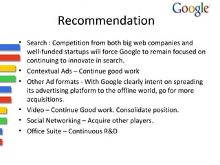 Recommendation 
• Search : Competition from both big web companies and 
well-funded startups will force Google to remain focused on 
continuing to innovate in search. 
• Contextual Ads – Continue good work 
• Other Ad formats - With Google clearly intent on spreading 
its advertising platform to the offline world, go for more 
acquisitions. 
• Video – Continue Good work. Consolidate position. 
• Social Networking – Acquire other players. 
• Office Suite – Continuous R&D 
 