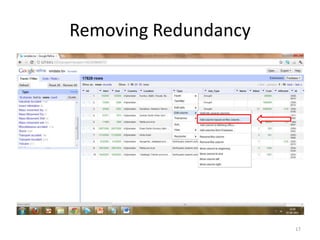 Removing Redundancy




                      17
 