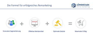 Die Formel für erfolgreiches Remarketing
Granulare Segmentierung Effektive Werbemittel Optimale Gebote Maximaler Erfolg
 
