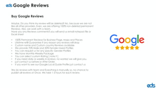 Buy Google Reviews
Maybe, Do you think my review will be deleted? No, because we are not
like all other providers. Even, we are offering 100% non-deleted permanent
Reviews. Also, we work with a team.
Have you any Reviews comments? you will send us email notepad file or
Excel sheet
• 100% Permanent Reviews for Business Page, Maps and Places
• Lifetime refill Guarantee if any reason any reviews will drop
• Custom name and Custom country Reviews available
• We provide 70% Male and 30% Female mixed Profiles
• You can request us for any specific Gender Profiles
• We have Monthly Weekly Package
• You can select custom Rating [ note it ]
• if you need daily or weekly A reviews. no worries! we will give you.
• just contact us before or After Order.
• if you want to see our Google Local Guide Profile just contact us
We do reviews with team and Everything is manually so, no chance to
publish all reviews at Once. We take 1-3 hours for each review.
Google Reviews
 