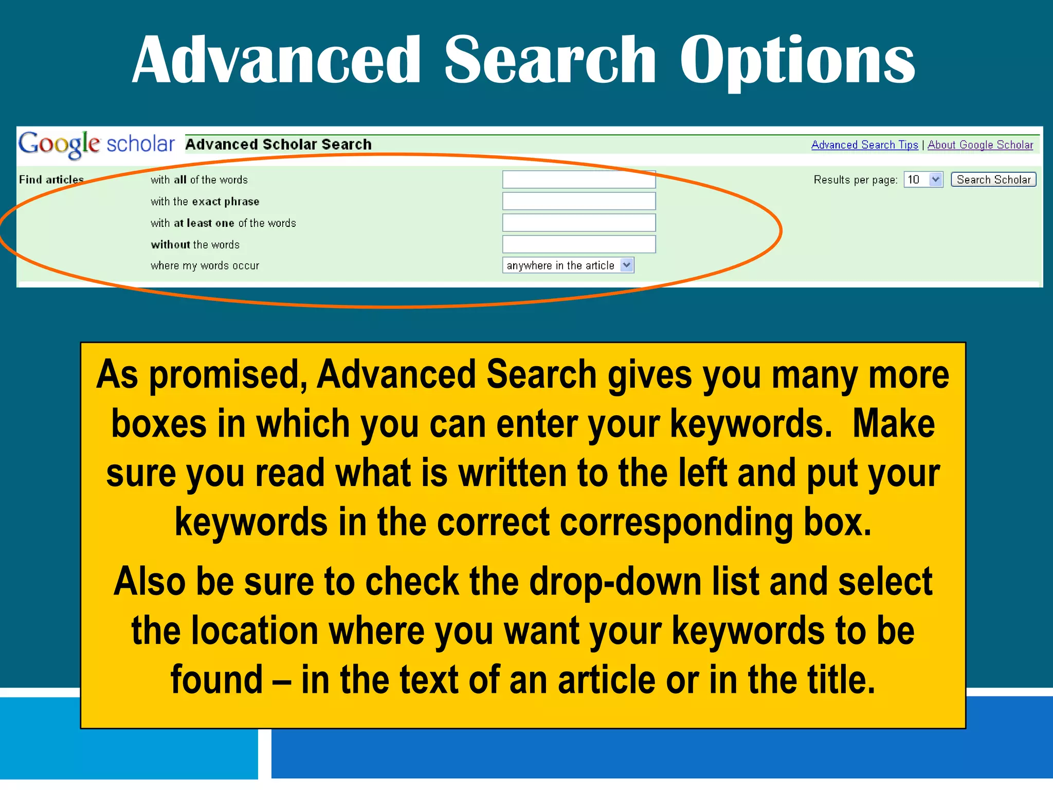 You want to search for your keyword in the title of the article and not just in the article’s text