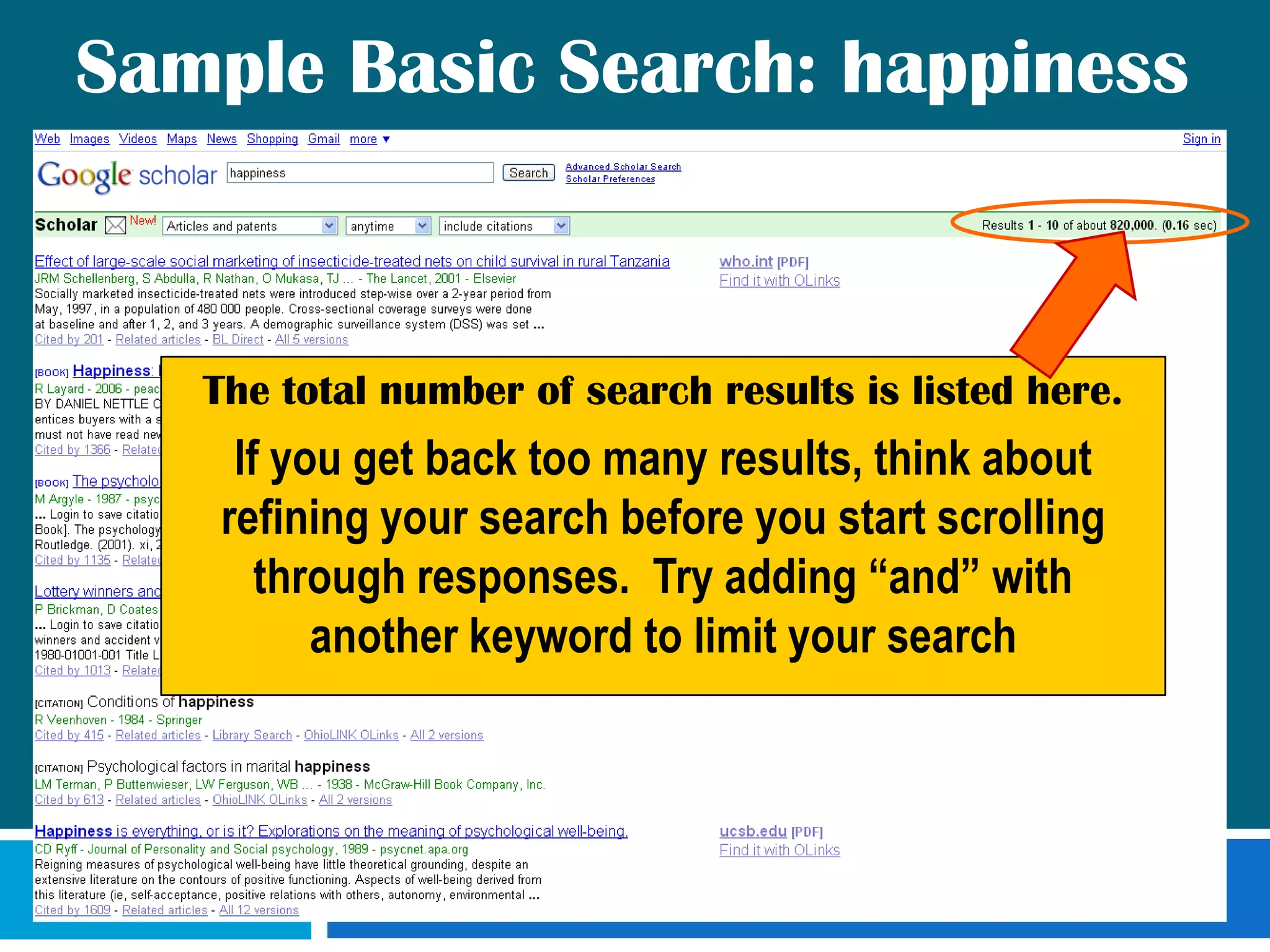Advanced Search OptionsThe Advanced Search also gives you options concerning publication details.  This is especially helpful if you are looking for a specific publication, or publications from a certain date range.Return to the Google Scholar homepage before continuing