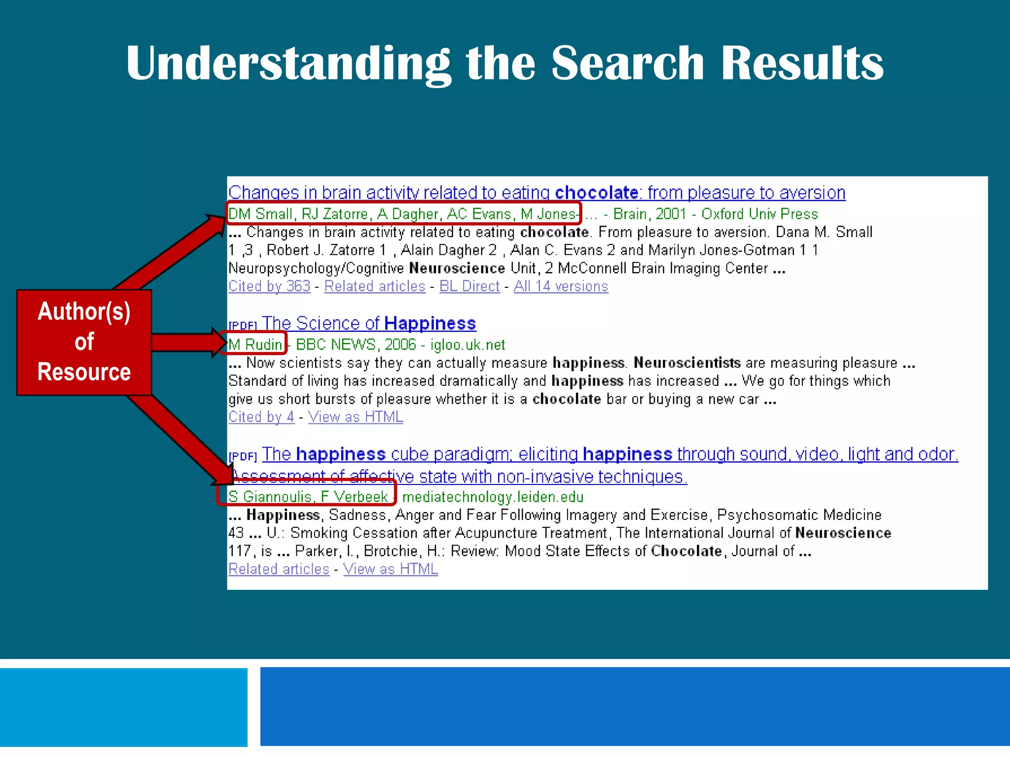 Sample Basic Search: happinessThe total number of search results is listed here.If you get back too many results, think about refining your search before you start scrolling through responses.  Try adding “and” with another keyword to limit your search