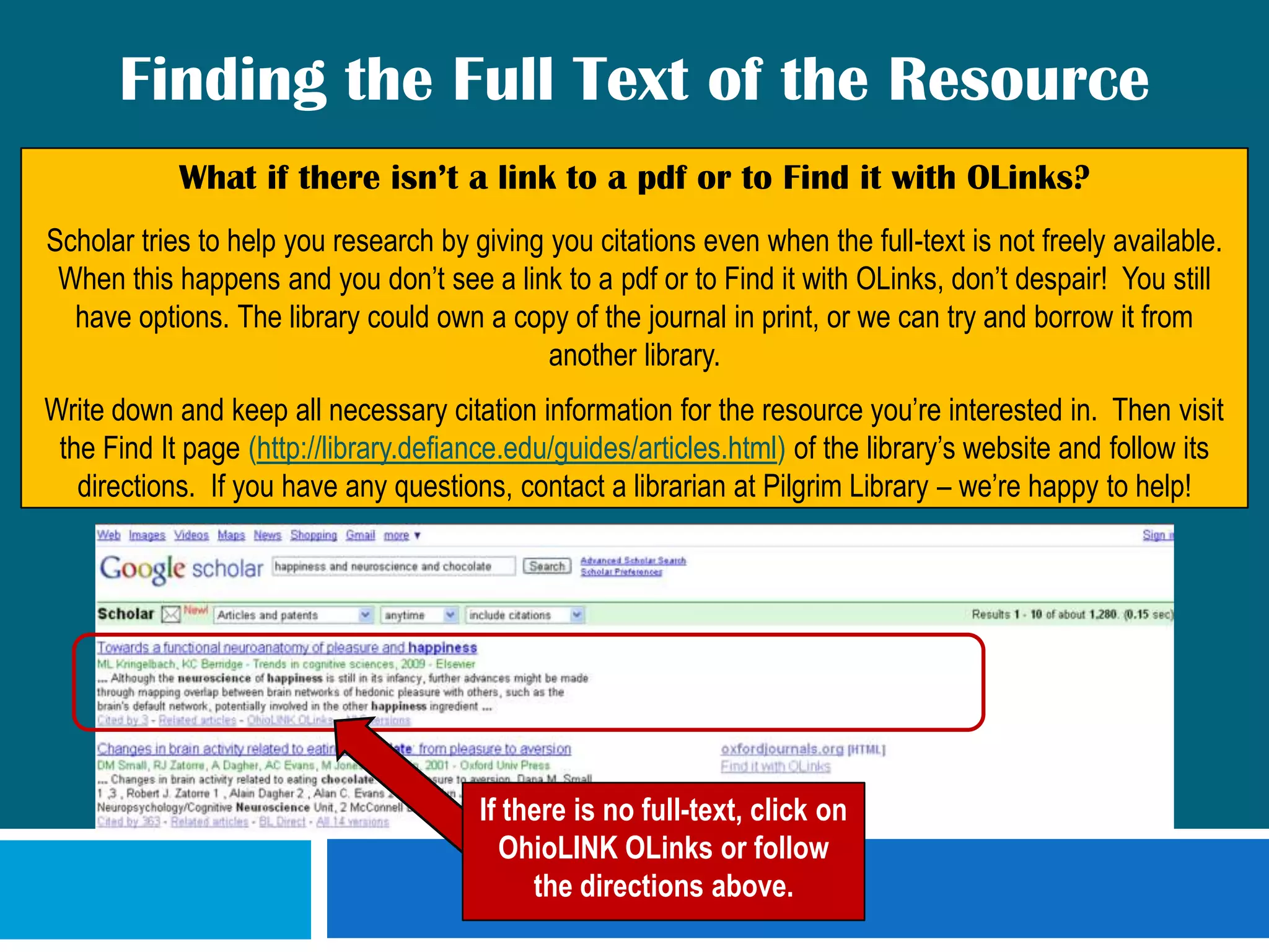 Understanding the Search ResultsLink to a list of other articles that have cited this resource or included this resource in their referencesThis is helpful because it links the reference pages of these resources together and shows you who is citing whom.  It also is likely to list resources that pick up where the original resource left off, either by continuing its studies or updating its findings.When something has been cited a lot, it can mean that the resource was foundational, revolutionary, or controversial. Remember that more recent works are less likely to have been cited a lot simply because there hasn’t been time for new research to emerge. 