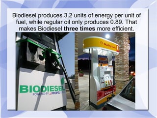 Biodiesel produces 3.2 units of energy per unit of fuel, while regular oil only produces 0.89. That makes Biodiesel  three times  more efficient. 