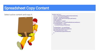Spreadsheet Copy Content
Select active content and copy it. function myFun() {
var ss = SpreadsheetApp.getActiveSpreadsheet();
var sheet = ss.getActiveSheet();
var data = sheet.getActiveRange().getValues();
Logger.log(data);
var newNamer = 'copied';
var yourNewSheet = ss.getSheetByName(newNamer);
if (yourNewSheet != null) {
ss.deleteSheet(yourNewSheet);
}
yourNewSheet = ss.insertSheet();
yourNewSheet.setName(newNamer);
data.forEach(function (row) {
yourNewSheet.appendRow(row);
});
}
 