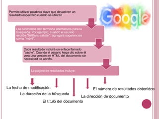 Permite utilizar palabras clave que devuelven un
resultado específico cuando se utilizan
Los sinónimos dan términos alternativos para la
búsqueda. Por ejemplo, cuando el usuario
escribe "teléfono celular", agregará sugerencias
como "móvil".
Cada resultado incluirá un enlace llamado
"cache". Cuando el usuario haga clic sobre él
verá una versión en HTML del documento sin
necesidad de abrirlo.
La página de resultados incluye:
La duración de la búsqueda
La fecha de modificación El número de resultados obtenidos
La dirección de documento
El título del documento
 