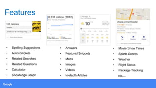Features
• Spelling Suggestions
• Autocomplete
• Related Searches
• Related Questions
• Calculator
• Knowledge Graph
• Answers
• Featured Snippets
• Maps
• Images
• Videos
• In-depth Articles
• Movie Show Times
• Sports Scores
• Weather
• Flight Status
• Package Tracking
etc.…
 
