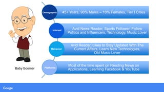 1
2
3Baby Boomer
45+ Years, 90% Males – 10% Females, Tier I Cities
Avid News Reader, Sports Follower, Follow
Politics and Influencers, Technology, Music Lover
Avid Reader, Likes to Stay Updated With The
Current Affairs, Learn New Technologies,
Old Music Lover
Most of the time spent on Reading News on
Applications, Learning Facebook & YouTube
Demographic
Interest
Behavior
Platforms
 
