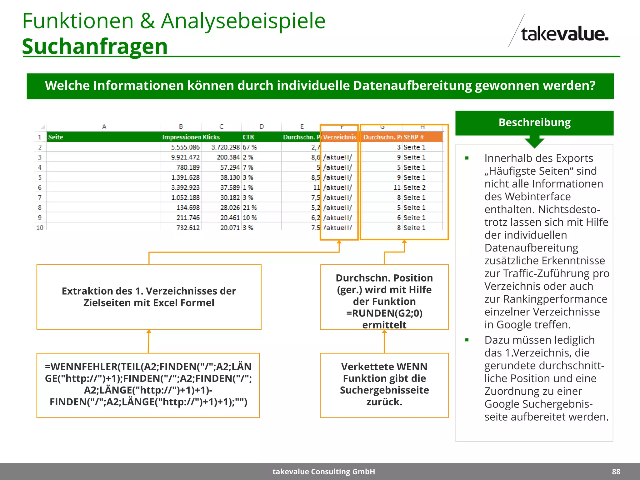 88takevalue Consulting GmbH
Funktionen & Analysebeispiele
Suchanfragen
Welche Informationen können durch individuelle Datenaufbereitung gewonnen werden?
 Innerhalb des Exports
„Häufigste Seiten“ sind
nicht alle Informationen
des Webinterface
enthalten. Nichtsdesto-
trotz lassen sich mit Hilfe
der individuellen
Datenaufbereitung
zusätzliche Erkenntnisse
zur Traffic-Zuführung pro
Verzeichnis oder auch
zur Rankingperformance
einzelner Verzeichnisse
in Google treffen.
 Dazu müssen lediglich
das 1.Verzeichnis, die
gerundete durchschnitt-
liche Position und eine
Zuordnung zu einer
Google Suchergebnis-
seite aufbereitet werden.
Beschreibung
Durchschn. Position
(ger.) wird mit Hilfe
der Funktion
=RUNDEN(G2;0)
ermittelt
Verkettete WENN
Funktion gibt die
Suchergebnisseite
zurück.
Extraktion des 1. Verzeichnisses der
Zielseiten mit Excel Formel
=WENNFEHLER(TEIL(A2;FINDEN("/";A2;LÄN
GE("http://")+1);FINDEN("/";A2;FINDEN("/";
A2;LÄNGE("http://")+1)+1)-
FINDEN("/";A2;LÄNGE("http://")+1)+1);"")
 