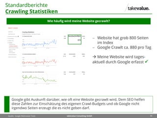 11takevalue Consulting GmbH
Standardberichte
Crawling Statistiken
Wie häufig wird meine Website gecrawlt?
Quelle: Google Webmaster Tools
Google gibt Auskunft darüber, wie oft eine Website gecrawlt wird. Dem SEO helfen
diese Zahlen zur Einschätzung des eigenen Crawl-Budgets und ob Google nicht
irgendwo Seiten erzeugt die es nicht geben darf.
 Website hat grob 800 Seiten
im Index
 Google Crawlt ca. 880 pro Tag
 Meine Website wird tages-
aktuell durch Google erfasst 
 