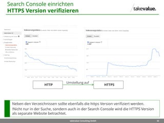 33takevalue Consulting GmbH
Neben den Verzeichnissen sollte ebenfalls die https Version verifiziert werden.
!Nicht nur in der Suche, sondern auch in der Search Console wird die HTTPS Version
als separate Website betrachtet.
Search Console einrichten
HTTPS Version verifizieren
HTTP HTTPS
Umstellung auf
 