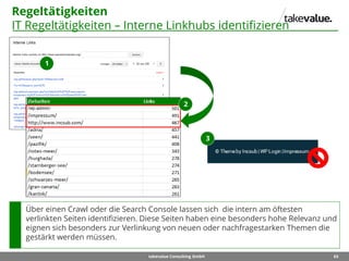 63takevalue Consulting GmbH
Regeltätigkeiten
IT Regeltätigkeiten – Interne Linkhubs identifizieren
Über einen Crawl oder die Search Console lassen sich die intern am öftesten
verlinkten Seiten identifizieren. Diese Seiten haben eine besonders hohe Relevanz und
eignen sich besonders zur Verlinkung von neuen oder nachfragestarken Themen die
gestärkt werden müssen.
1
2
3
 