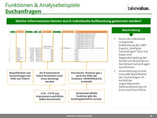 86takevalue Consulting GmbH
Funktionen & Analysebeispiele
Suchanfragen
Welche Informationen können durch individuelle Aufbereitung gewonnen werden?
 Durch die individuelle
und gezielte
Aufbereitung des GWT
Exports „Häufigste
Suchanfragen“ lässt sich
bspw. eine
Gegenüberstellung der
Anzahl von Brand versus
Non-Brand Suchanfragen
durchführen.
 Voraussetzung ist eine
manuelle Klassifikation
der Suchanfragen im
Vorfeld der
angeschlossenen
Datenaufbereitung mit
Excel und Pivot Charts.
Beschreibung
Klassifikation von
Suchanfragen mit
Hilfe von Filtern
Da Prozentwerte
falsch formatiert sind,
muss bereinigt
werden
=C/D (*CTR aus
Impressions und Klicks
selbst berechnen)
Durchschn. Position (ger.)
wird mit Hilfe der
Funktion =RUNDEN(G2;0)
ermittelt
Verkettete WENN
Funktion gibt die
Suchergebnisseite zurück.
 