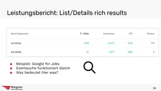 Leistungsbericht: List/Details rich results
36
■ Beispiel: Google for Jobs
■ Eventsuche funktioniert Gleich
■ Was bedeutet hier was?
 