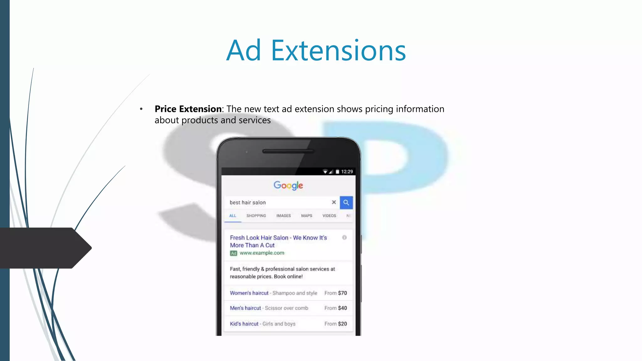 Ad Extensions
• Price Extension: The new text ad extension shows pricing information
about products and services
 