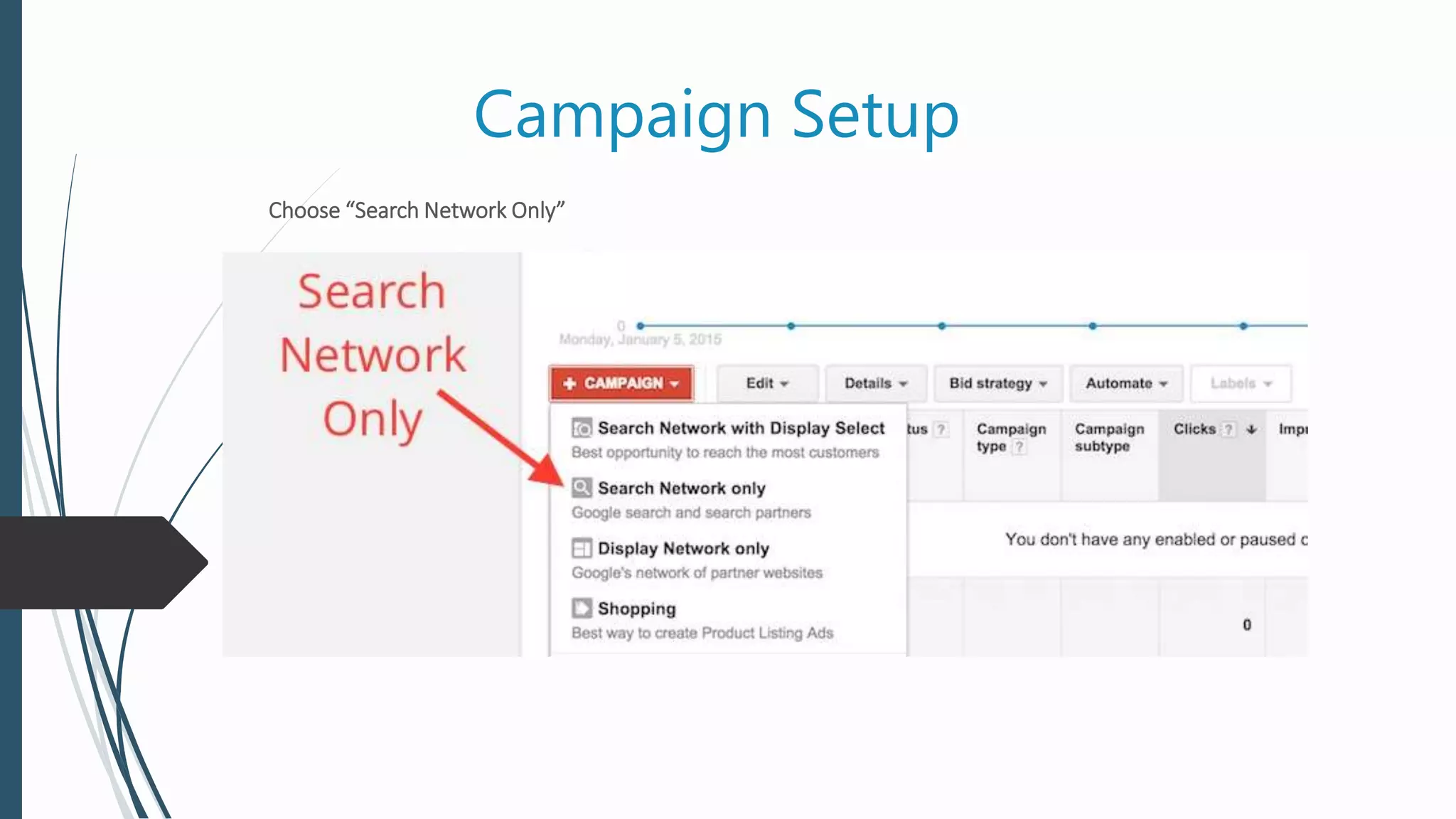 Campaign Setup
Choose “Search Network Only”
 