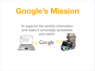Google’s Mission
Online content 
Billions of web pages
Ofﬂine content 
Billions of items becoming
indexed
To organize the world’s information
and make it universally accessible
and useful.
 
