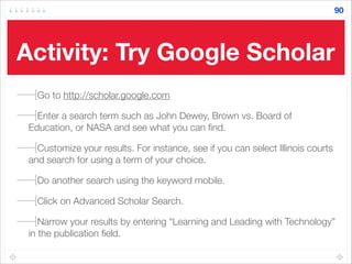 Activity: Try Google Scholar
Go to http://scholar.google.com
Enter a search term such as John Dewey, Brown vs. Board of
Education, or NASA and see what you can ﬁnd.
Customize your results. For instance, see if you can select Illinois courts
and search for using a term of your choice.
Do another search using the keyword mobile.
Click on Advanced Scholar Search.
Narrow your results by entering “Learning and Leading with Technology”
in the publication ﬁeld.
90
 