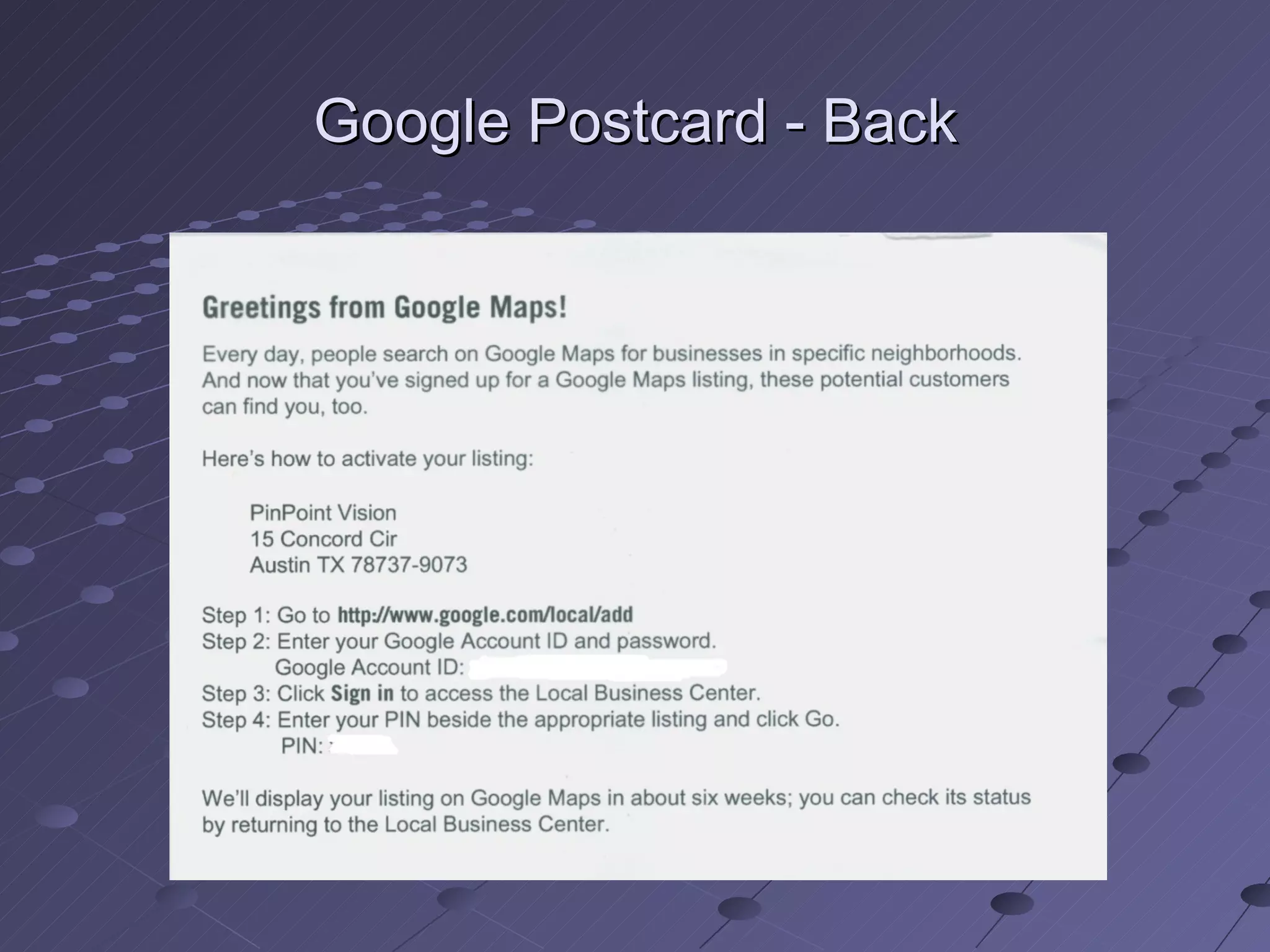 Google Postcard - Back
 