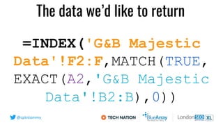 @cptntommy
=INDEX('G&B Majestic
Data'!F2:F,MATCH(TRUE,
EXACT(A2,'G&B Majestic
Data'!B2:B),0))
The data we’d like to return
 