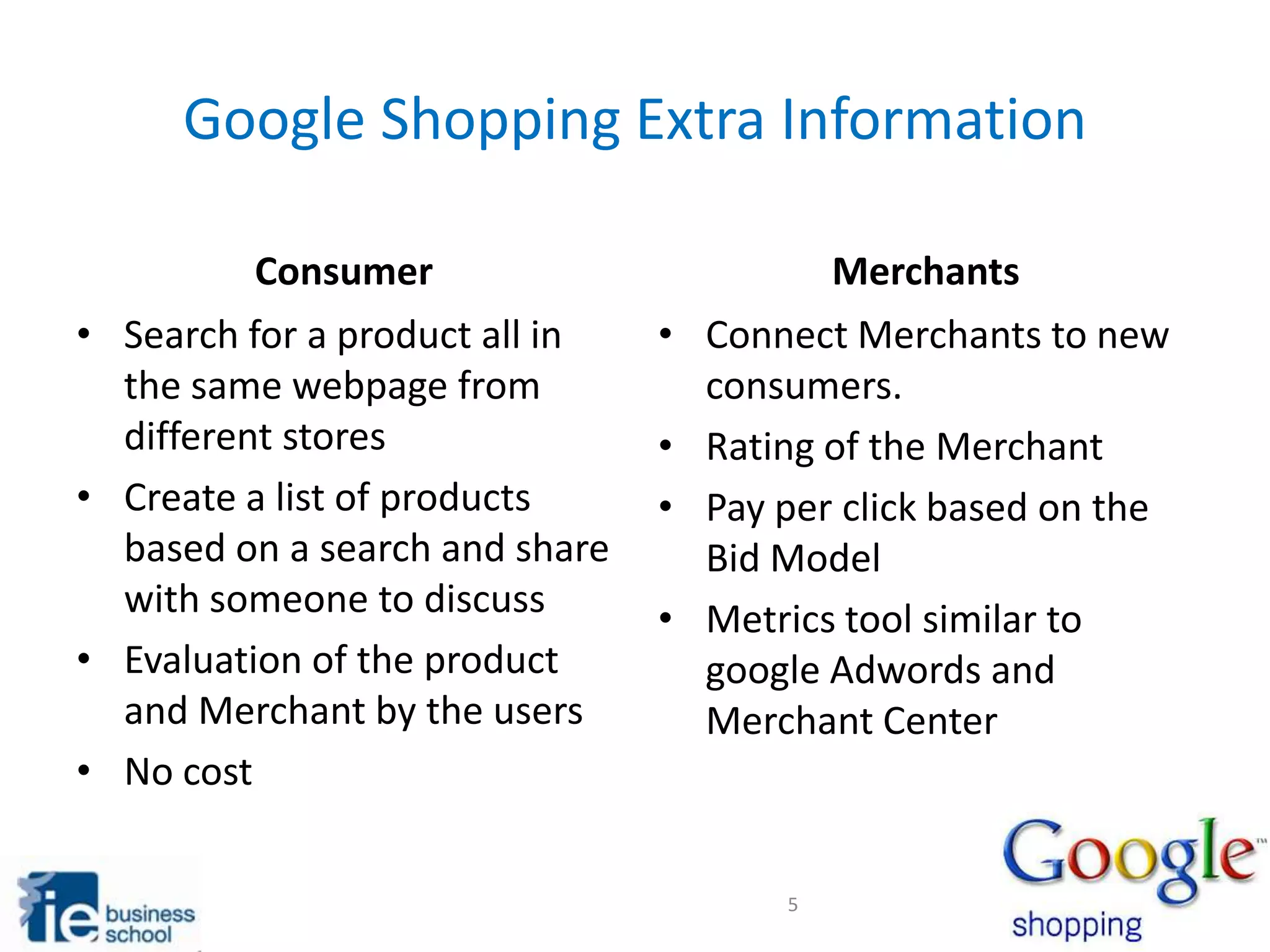 Google Shopping Extra Information
•
•
•
•
Consumer
Search for a product all in
the same webpage from
different stores
Create a list of products
based on a search and share
with someone to discuss
Evaluation of the product
and Merchant by the users
No cost
•
•
•
•
Merchants
Connect Merchants to new
consumers.
Rating of the Merchant
Pay per click based on the
Bid Model
Metrics tool similar to
google Adwords and
Merchant Center
5