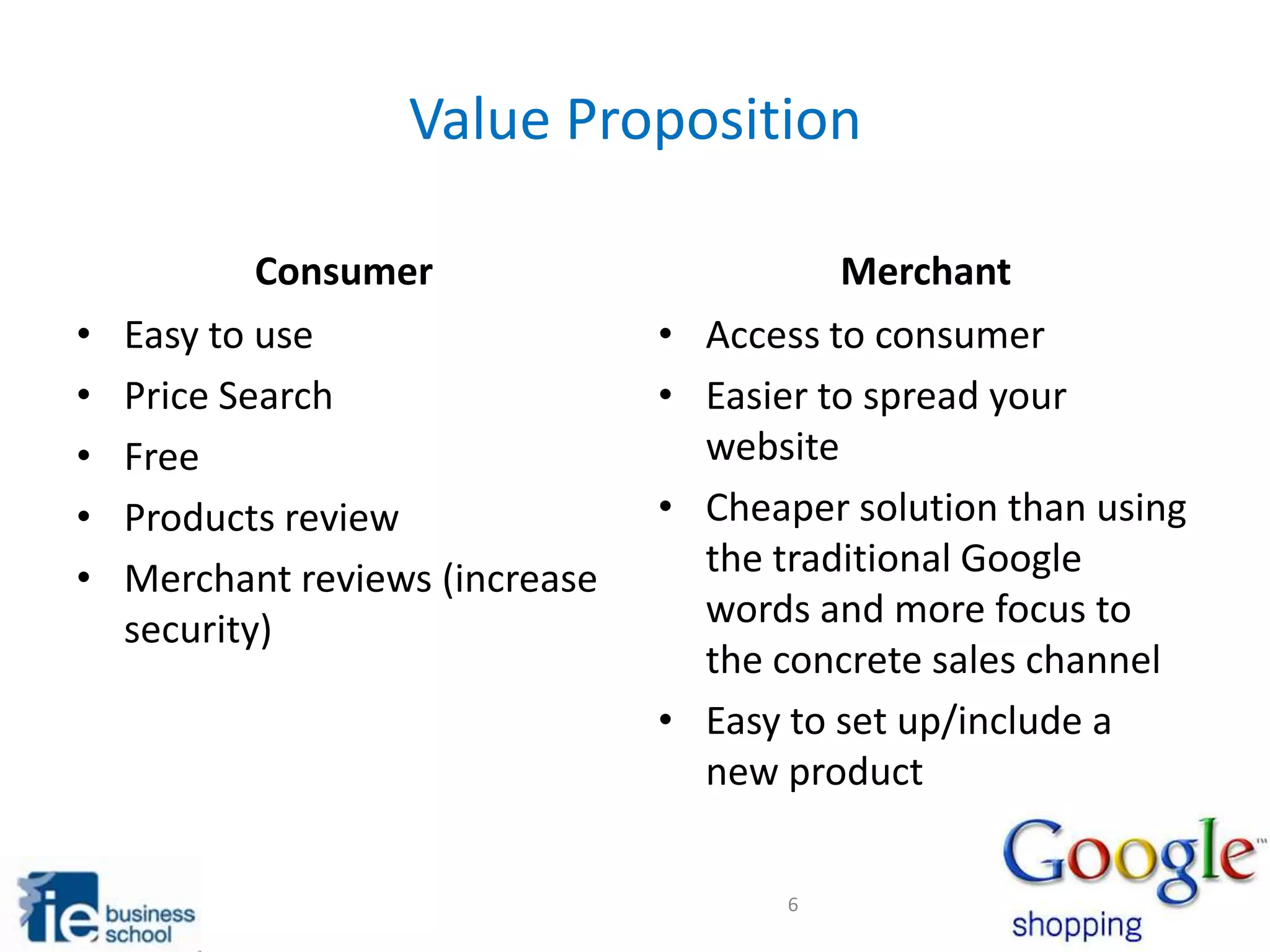 Value Proposition
•
•
•
•
•
Consumer
Easy to use
Price Search
Free
Products review
Merchant reviews (increase
security)
•
•
•
•
Merchant
Access to consumer
Easier to spread your
website
Cheaper solution than using
the traditional Google
words and more focus to
the concrete sales channel
Easy to set up/include a
new product
6