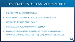 LES BÉNÉFICES DES CAMPAGNES MOBILE
• UN COÛT PAR CLIC (CPC) PLUS BAS
• UN NOMBRE D’AFFICHAGE DE PLUS EN PLUS IMPORTANT
• CIBLAGE D’UNE CLIENTÈLE LOCALE
• UN EXCELLENT RETOUR SUR INVESTISSEMENT
• POSSIBILITÉ D’ENCHÈRES SÉPARÉES SELON LES SUPPORTS DANS
ADWORDS (MOBILE, TABLETTE ET PC), CE QUI FACILITE LE CIBLAGE.
 