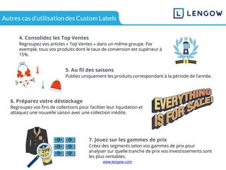 www.lengow.comwww.lengow.com
6. Préparez votre déstockage
Regroupez vos fins de collections pour faciliter leur liquidation et
attaquez une nouvelle saison avec une collection inédite.
7. Jouez sur les gammes de prix
Créez des segments selon vos gammes de prix pour
analyser sur quelle tranche de prix vos investissements sont
les plus rentables.
5. Au fil des saisons
Publiez uniquement les produits correspondant à la période de l’année.
4. Consolidez les Top Ventes
Regroupez vos articles « Top Ventes » dans un même groupe. Par
exemple, tous vos produits dont le taux de conversion est supérieur à
15%.
Autres cas d’utilisation des Custom Labels
 