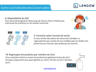www.lengow.comwww.lengow.com
8. Disponibilité du SAV
Pour les produits générant beaucoup de retours client, n’hésitez pas
à diminuer les enchères sur les articles concernés.
9. Variante selon l’année de sortie
Si vous vendez des pièces de voiture par exemple, un
regroupement par années de vos modèles peut se révéler très
performant en fonction des tendances du marché.
10. Regroupez les produits par nombre de clics
Vous souhaitez mettre en avant vos produits qui génèrent le plus de clics?
Envoyez uniquement ceux ayant généré au moins 150 clics sur les 7 derniers
jours.
Autres cas d’utilisation des Custom Labels
 