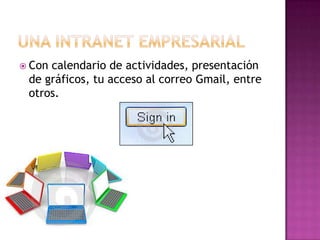 Una intranet empresarialCon calendario de actividades, presentación de gráficos, tu acceso al correo Gmail, entre otros.