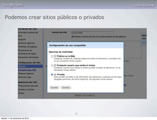 Google Sites                                  1. Visión General


    Podemos crear sitios públicos o privados




                                 19
sábado 11 de diciembre de 2010
 