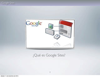 Google Sites




                                 ¿Qué es Google Sites?



                                           3

sábado 11 de diciembre de 2010
 
