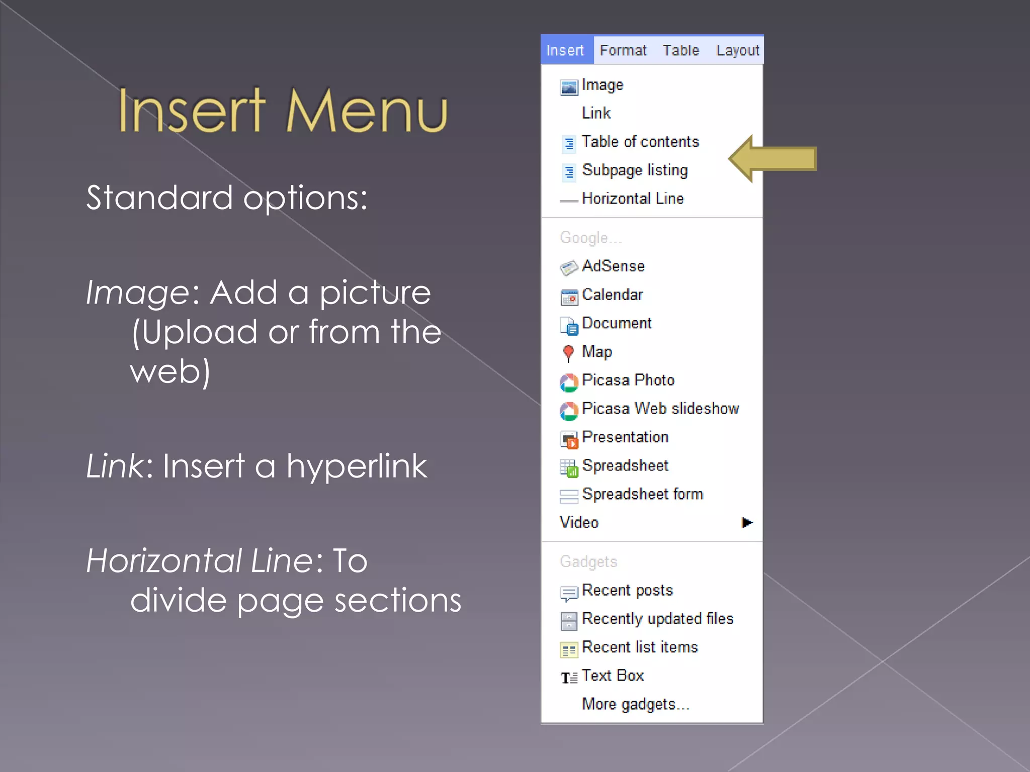 Insert MenuStandard options:Image: Add a picture (Upload or from the web)Link: Insert a hyperlinkHorizontal Line: To divide page sections