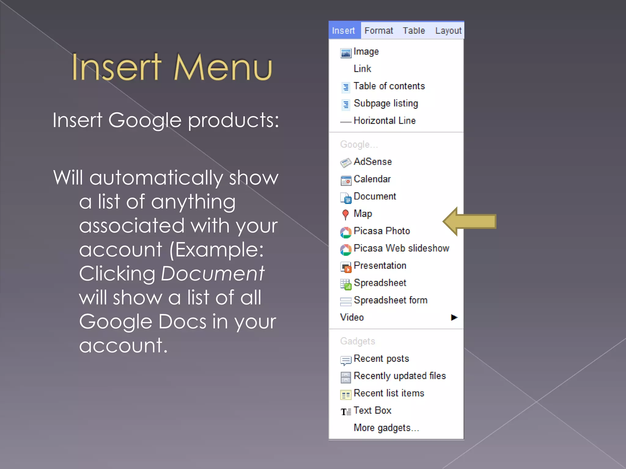Insert MenuInsert Google products:Will automatically show a list of anything associated with your account (Example: Clicking Document will show a list of all Google Docs in your account.